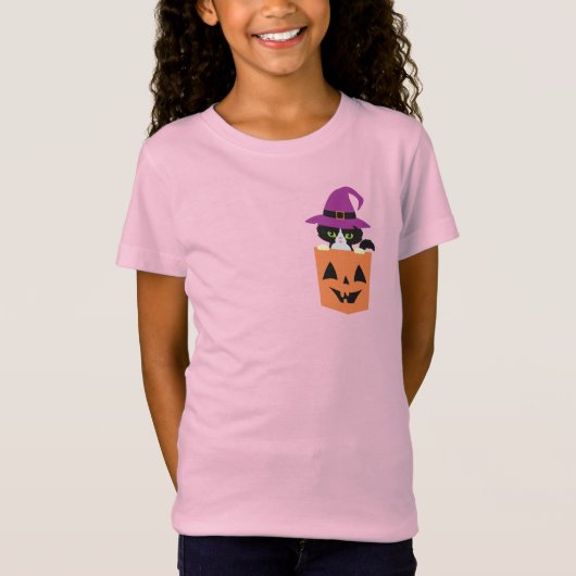 Grappig Halloween Kinder T-shirt, zwarte kat hekse T-shirt (Voorkant)
