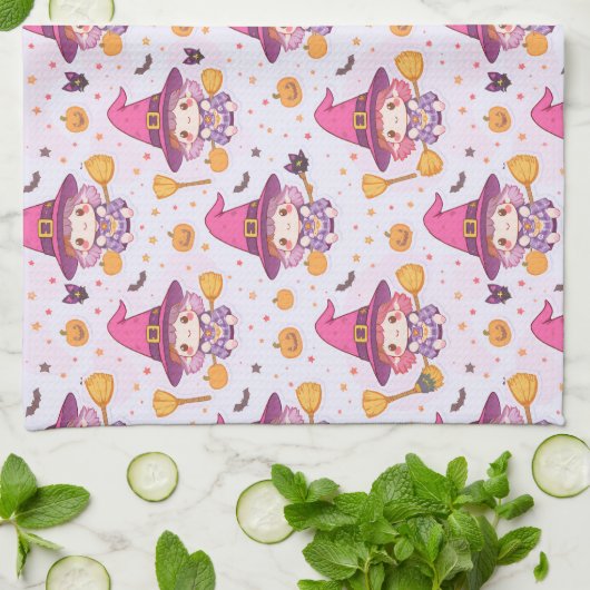 Grappig Halloween patroon met pompoenen en heks Theedoek (Gevouwen)