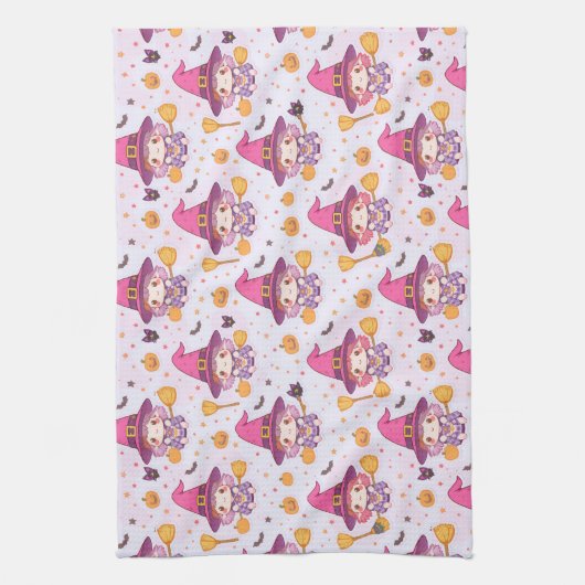 Grappig Halloween patroon met pompoenen en heks Theedoek (Verticaal)