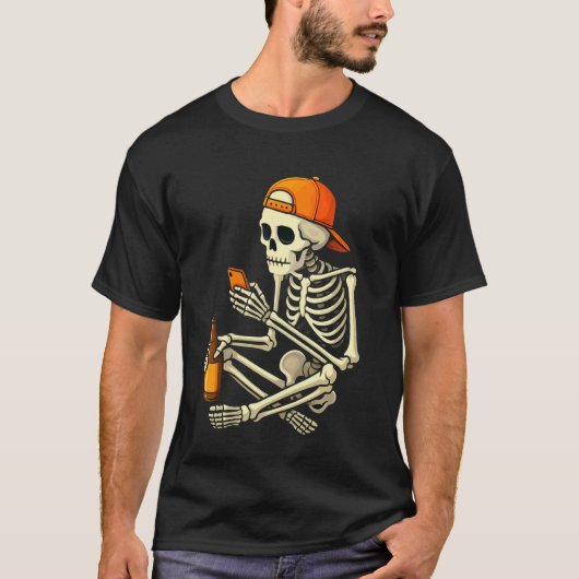 Grappig Halloween Skelet Doomscrolling Kostuum T-shirt (Voorkant)