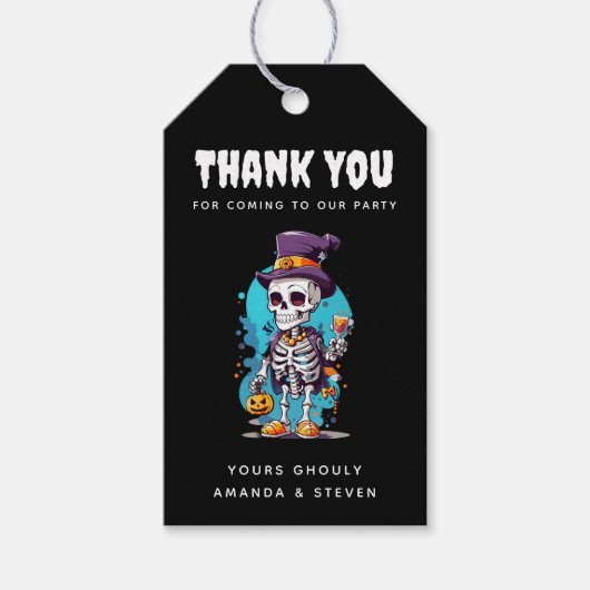 Grappig Halloween-skelet met hoge hoed Cadeaulabel (Voorkant)