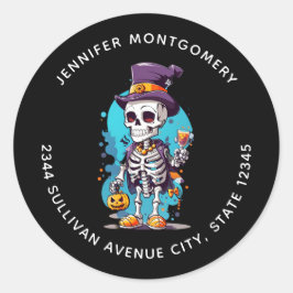 Grappig Halloween Skelet met Top Hat Adres Ronde Sticker