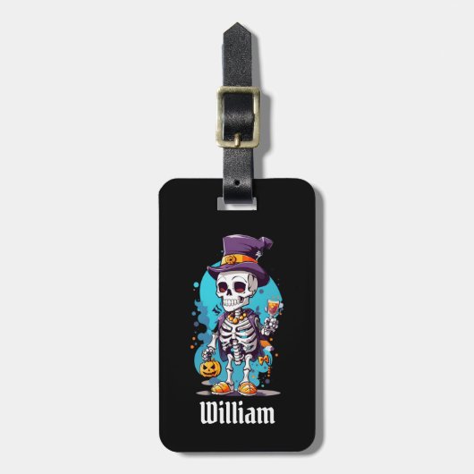 Grappig Halloween Skelet met Top Hat Bagagelabel (Voorkant verticaal)