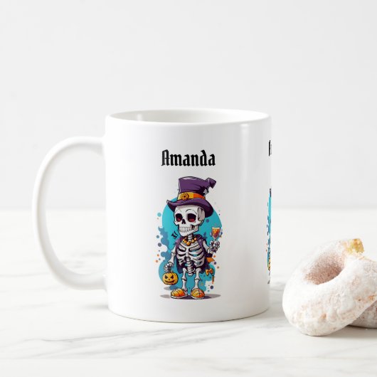 Grappig Halloween Skelet met Top Hat Koffiemok (Met donut)