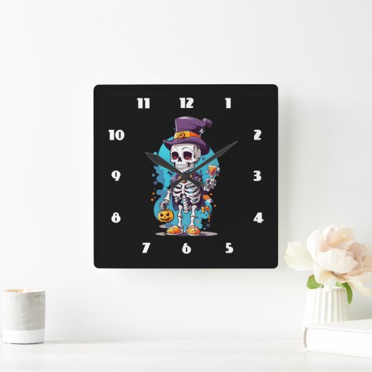 Grappig Halloween Skelet met Top Hat Vierkante Klok (Huis)