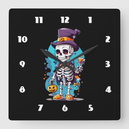 Grappig Halloween Skelet met Top Hat Vierkante Klok (Voorkant)