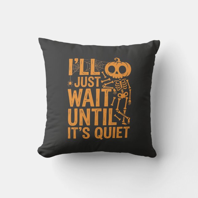 Grappig Halloween-skelet wachtend op stil ontwerp Kussen (Voorkant)