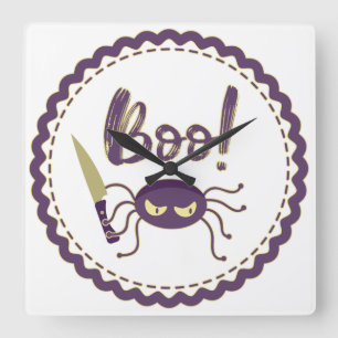 Grappig Halloween spinnenkarakter mes hand Boo Vierkante Klok