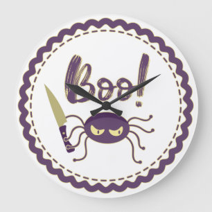 Grappig Halloween spinnenkarakter mes hand Boo zeg Grote Klok