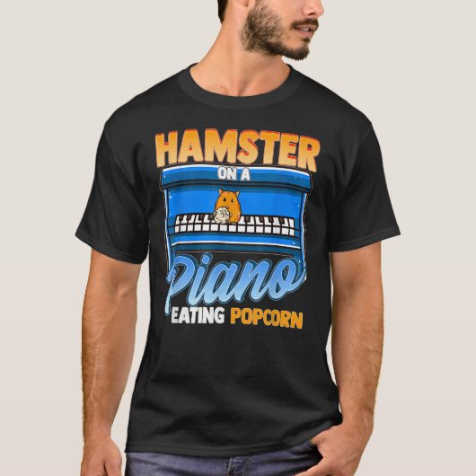 Grappig hamster op een piano-etende popcorn t-shirt (Voorkant)