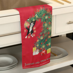 Grappig Hang In Er Kat In De Kerstboom Theedoek