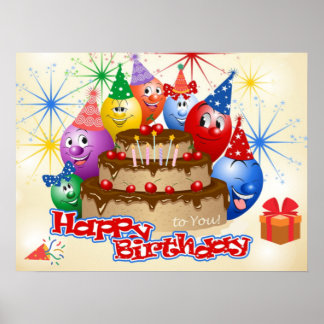 Grappig Happy Birthday-ballonnen en Chocolate Cake Poster