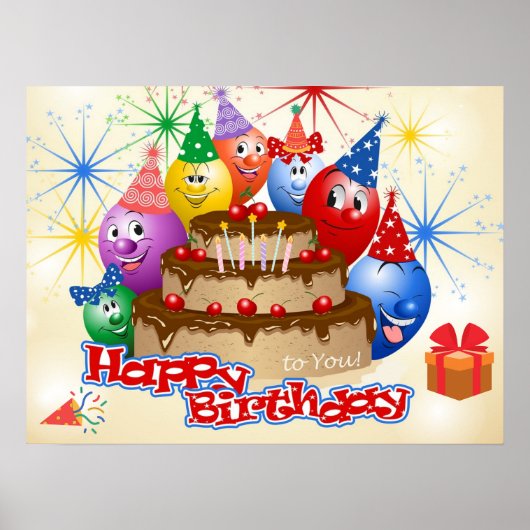 Grappig Happy Birthday-ballonnen en Chocolate Cake Poster (Voorkant)