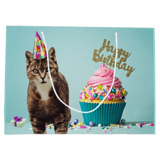 Grappig Happy Birthday Cat met Cupcake Groot Cadeauzakje (Achterkant)