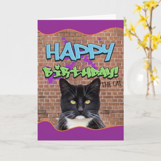 Grappig Happy Birthday Graffiti uit de kat Kaart (Gele Bloem)