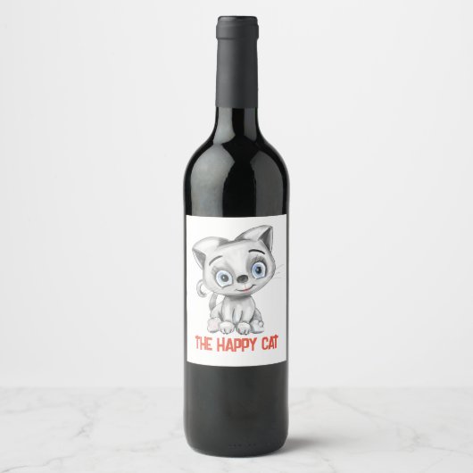Grappig Happy Cat Wijnlabel | Schattigee Cat Face Wijn Etiket (Voorkant)