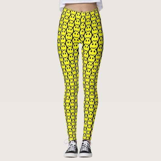 Grappig Happy Faces Geel Zwart Patroon Leggings (Voorkant)