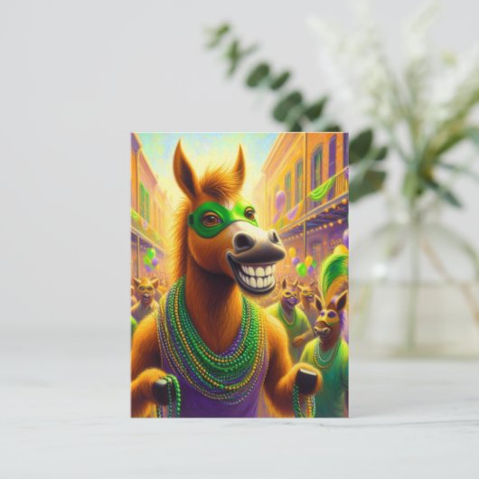 Grappig Happy Mardi Gras paard met kralen Briefkaart (Staand voorkant)