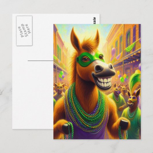 Grappig Happy Mardi Gras paard met kralen Briefkaart (Voorkant / Achterkant)
