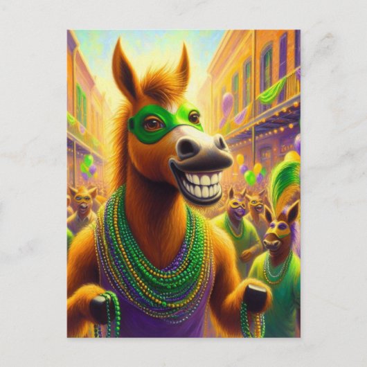 Grappig Happy Mardi Gras paard met kralen Briefkaart (Voorkant)