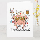 Grappig Happy Thanksgiving Turkije Verpleegster Kaart (Gele Bloem)