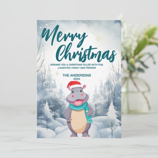 Grappig HIPPO Vrolijk Kerstboom sneeuw Vakantie fe Feestdagenkaart (Staand voorkant)