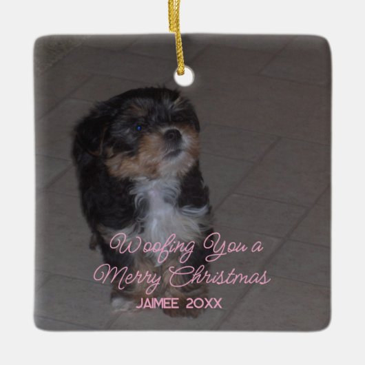 Grappig Hond Kerstvakantie Groet Girly Naam Keramisch Ornament (Voorkant)