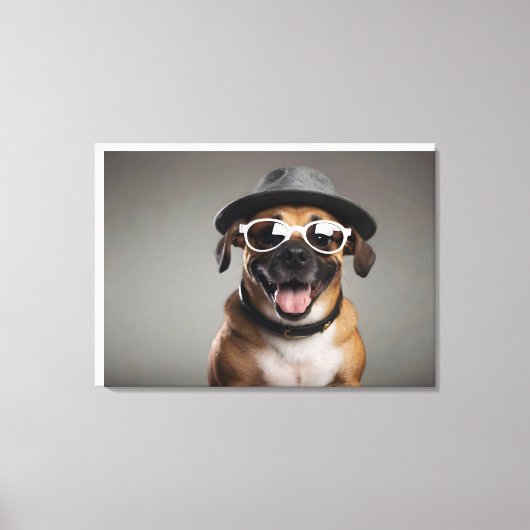 Grappig hondje met bril en pet canvas afdruk (Voorkant)
