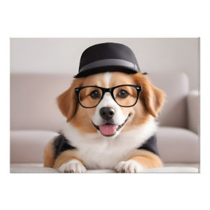 Grappig hondje met bril en pet foto afdruk