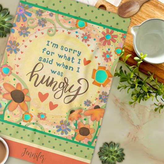 Grappig hongerig citaat bloemenhart naam keuken theedoek