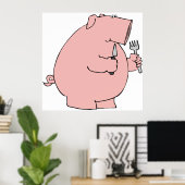 Grappig hongerig varken dat vork en mes vasthoudt poster (Thuiskantoor)