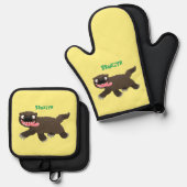 Grappig hongerige cartoon ovenwant & pannenlap set (Voorkant / Achterkant)