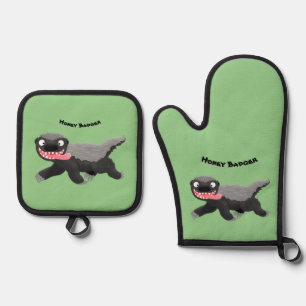 Grappig hongerige honingbadger cartoon illustratie ovenwant & pannenlap set