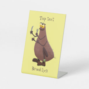 Grappig hongerige lelijke cartoon reclamebord met voetstuk