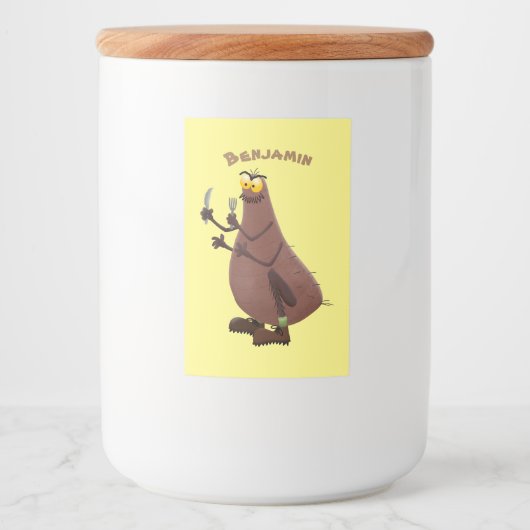 Grappig hongerige lelijke cartoon voedselcontainer etiket (Voorkant)