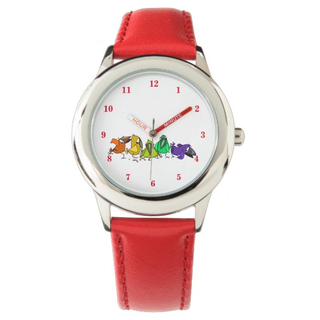 Grappig horloge met kleurrijke vogels (Voorkant)