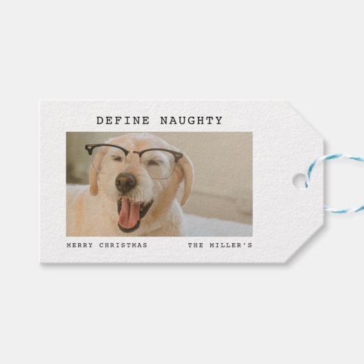 Grappig huisdier 'Definieer ondeugend' Foto Kerstm Cadeaulabel (Voorkant (Horizontaal))