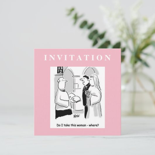 Grappig huwelijksuitnodiging. Groom en Vicar Kaart (Staand voorkant)