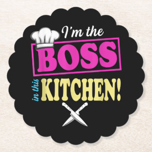 Grappig in de baas in deze keuken T-shirt koken Kartonnen Onderzetters