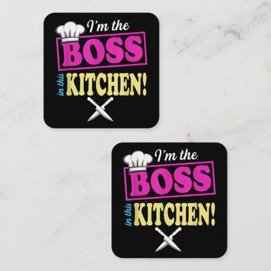 Grappig in de baas in deze keuken T-shirt koken Vierkante Visitekaartje (Voorkant / Achterkant)