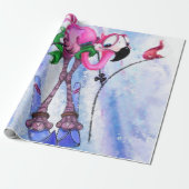 Grappig inpakpapier met roze flamingo skiër (Uitgerold)