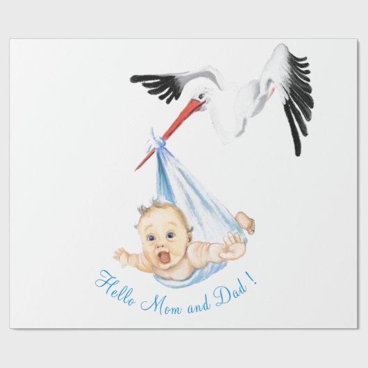 Grappig inpakpapier ooievaar met Baby-Jouw tekst (Vlak)