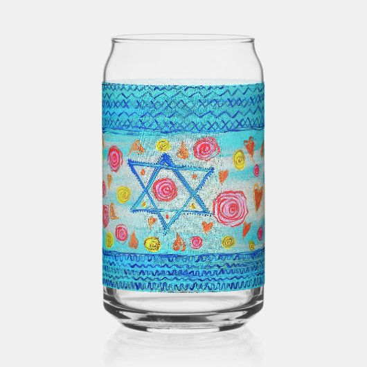 Grappig Israëlisch vlagglas met bloemen en harten Blikvorm Glas (Voorkant)