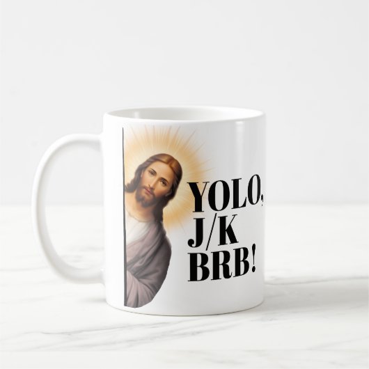 Grappig Jesus Meme YOLO JK BRB Koffiemok (Links)