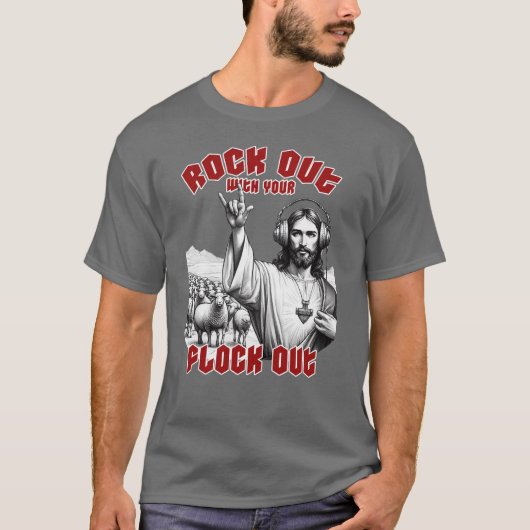 Grappig Jesus Rock Out met je Flock Out T-shirt (Voorkant)