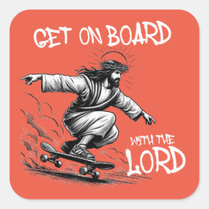 Grappig Jesus Skateboarden Stap aan boord met Jezu Vierkante Sticker