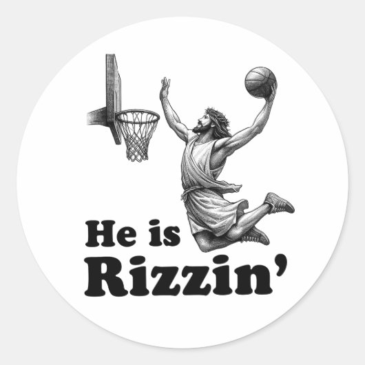 Grappig Jezus Basketbal - Hij is Rizzin' Ronde Sticker (Voorkant)