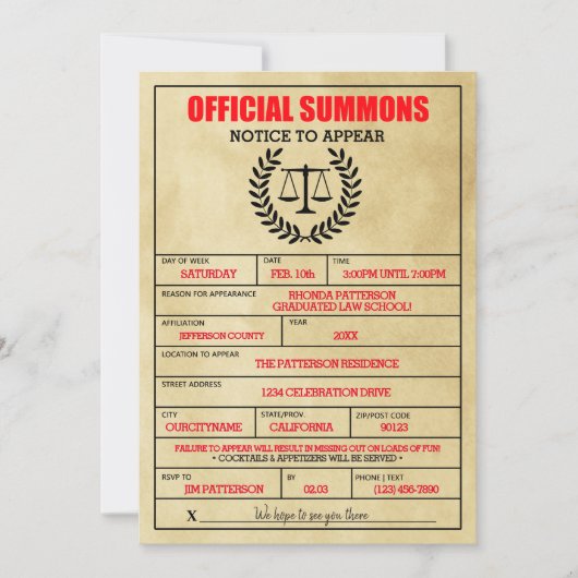 Grappig juridisch dagvaarding recht school afstude kaart (Voorkant)