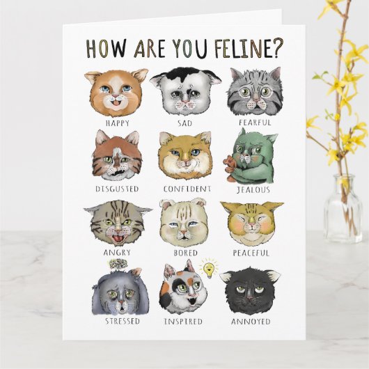 Grappig kat-feeling, hoe voel je je? kaart (Gele Bloem)
