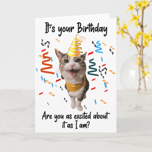 Grappig Kat Glimlachend Verjaardag Wenskaart Kaart (Gele Bloem)